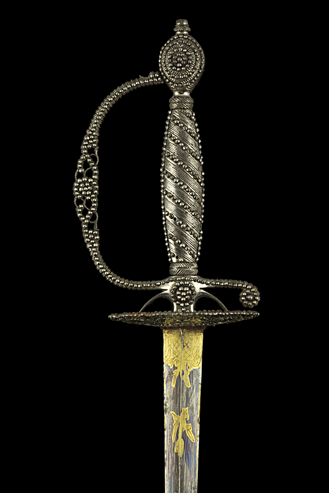 S000206_British_Cut_Steel_Smallsword_Blued_Collets_Hilt_Obverse_